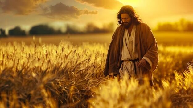 Jesus walking through a golden wheat field at sunset