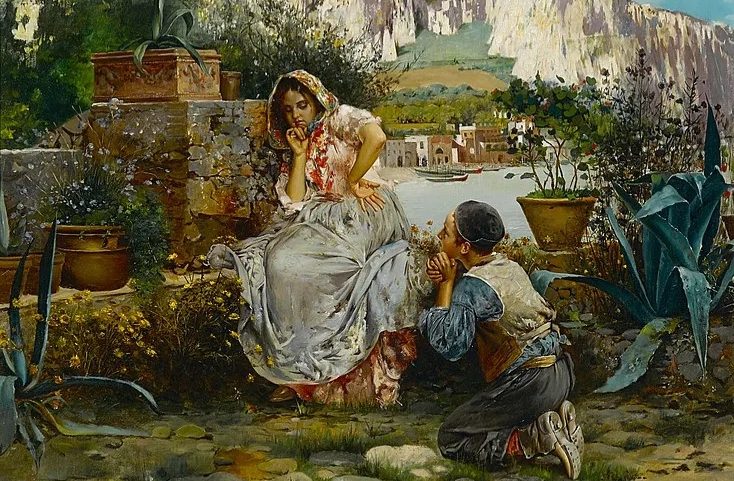 Painting of a young man kneeling in devotion before a young woman on a sunlit Mediterranean terrace